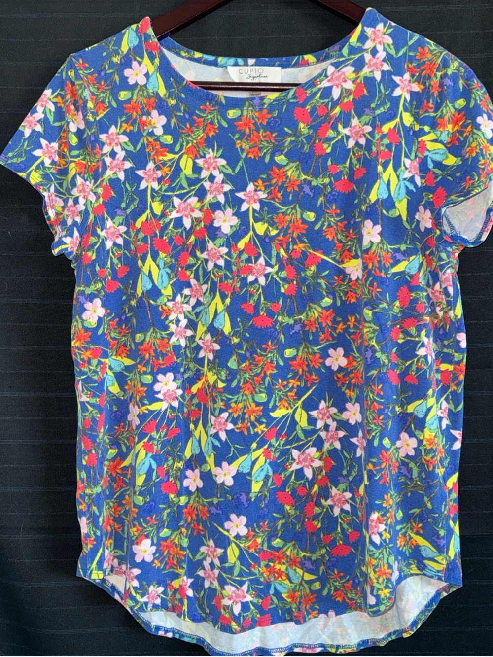 Cupio Signature Women’s Large Top Blue Floral Casual Boho Short Sleeve Shirt